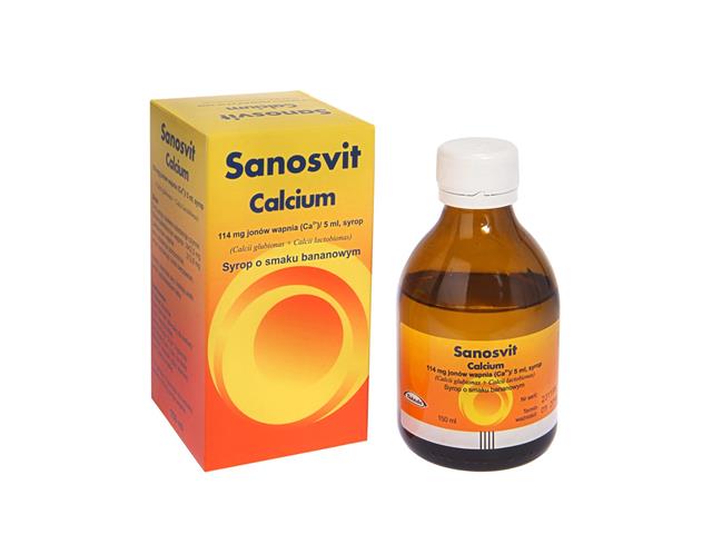 Sanosvit Calcium o smaku bananowym interakcje ulotka syrop 114 mg Ca2+/5ml 150 ml