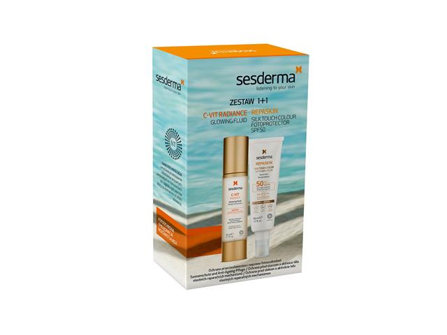 Sesderma Zestaw C-VIT Radiance krem rozświetlający + REPASKIN Silk touch color facial SPF50 interakcje ulotka   50 ml | +50 ml