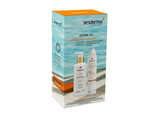 Sesderma Zestaw Radiance Mleczko do ciała + Repaskin Transparent Spray Fotoprotector SPF50+ interakcje ulotka zestaw  250 ml + 200 ml