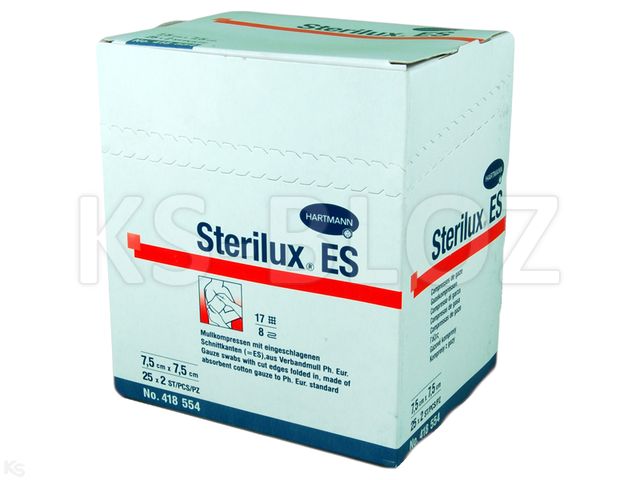 Sterilux ES Kompresy jałowe z gazy 17 nitkowe 8 warstwowe 7,5 x 7,5 cm interakcje ulotka   50 szt. | 25 x 2 szt.