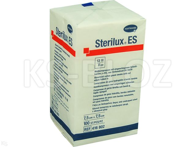 Sterilux ES Kompresy niejałowe z gazy 13 nitkowe 8 warstwowe 7,5 x 7,5 cm interakcje ulotka   100 szt.