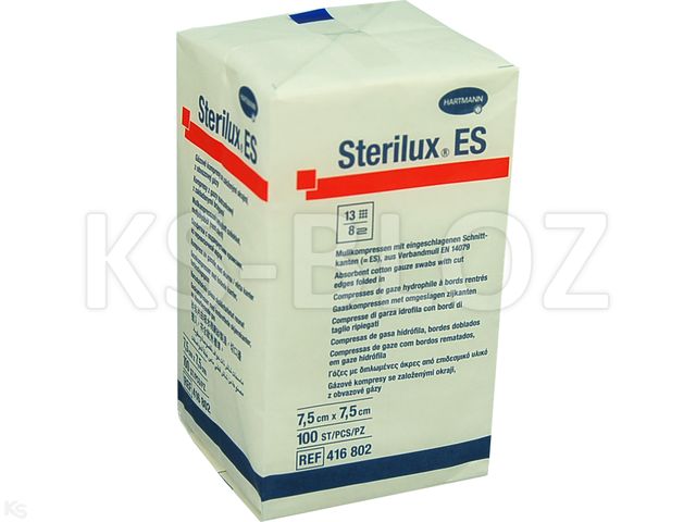 Sterilux ES Kompresy niejałowe z gazy 13 nitkowe 8 warstwowe 7,5 x 7,5 cm interakcje ulotka kompres  100 szt.