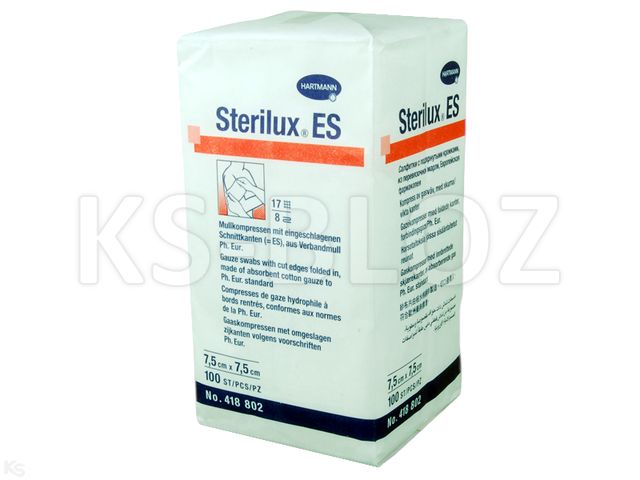 Sterilux ES Kompresy niejałowe z gazy 17 nitkowe 8 warstwowe 7,5 x 7,5 cm interakcje ulotka   100 szt.