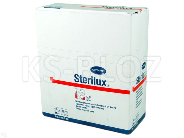 Sterilux Kompresy jałowe z gazy 17 nitkowe 12 warstwowe 10 x 10 cm interakcje ulotka   25 szt.