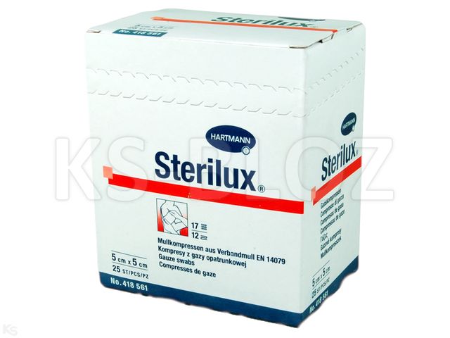 Sterilux Kompresy jałowe z gazy 17 nitkowe 12 warstwowe 5 x 5 cm interakcje ulotka kompres - 25 szt.