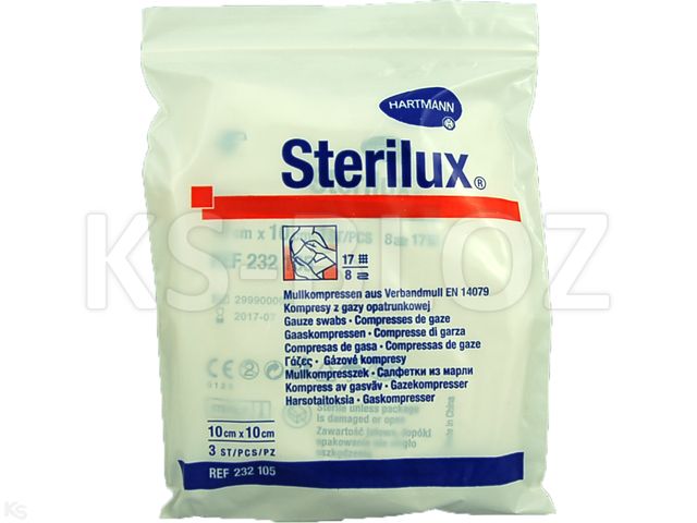 Sterilux Kompresy jałowe z gazy 17 nitkowe 8 warstwowe 10 x 10 cm interakcje ulotka kompres  3 szt.