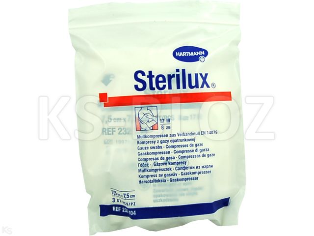 Sterilux Kompresy jałowe z gazy 17 nitkowe 8 warstwowe 7,5 x 7,5 cm interakcje ulotka kompres - 3 szt.