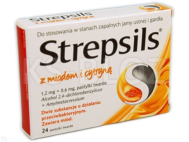 Strepsils z miodem i cytryną interakcje ulotka pastylki twarde 600mcg+1,2mg 24 pastyl.