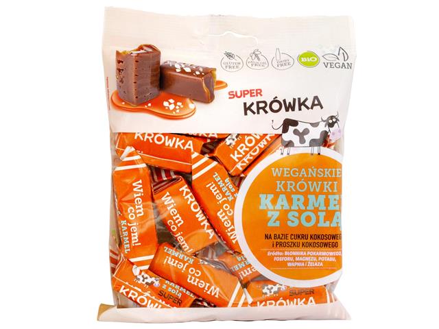 Super Krówka Krówki wegańskie karmel z solą bezmle. na bazie cukru kokosowego i proszku kokosowego interakcje ulotka cukierki  150 g