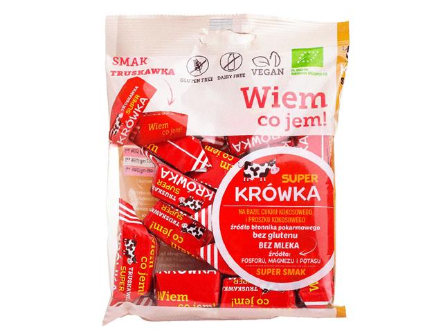 Super Krówka Krówki wegańskie truskawkowe bezmleczne na bazie cukru kokosowego i proszku kokosowego interakcje ulotka cukierki  150 g