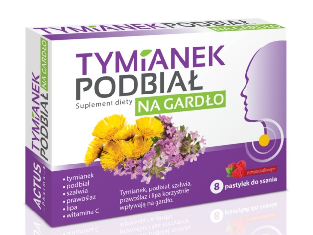 Tymianek Podbiał na gardło interakcje ulotka pastylki do ssania - 8 pastyl.