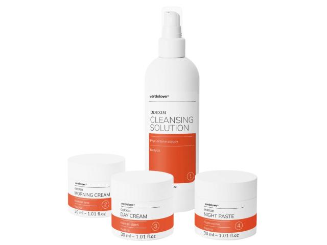 Verdelove Odexim zest. do pielęg. sk. z objawami nużycy płyn + kremy na rano, n/dzień, n/noc interakcje ulotka zestaw - 150 ml (+ 30 ml + 30 ml + 30 ml)