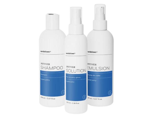 Verdelove Pityver Zestaw do pielęgnacji skóry z objawami łupieżu pstrego Płyn + Szampon + Emulsja interakcje ulotka zestaw  100 ml (+ 150 ml + 150 ml)