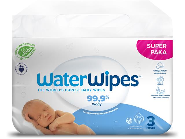 WaterWipes Chust. 99,9% Wody i kropla ekstraktu owocowego interakcje ulotka chusteczka  180 szt. | 3x60