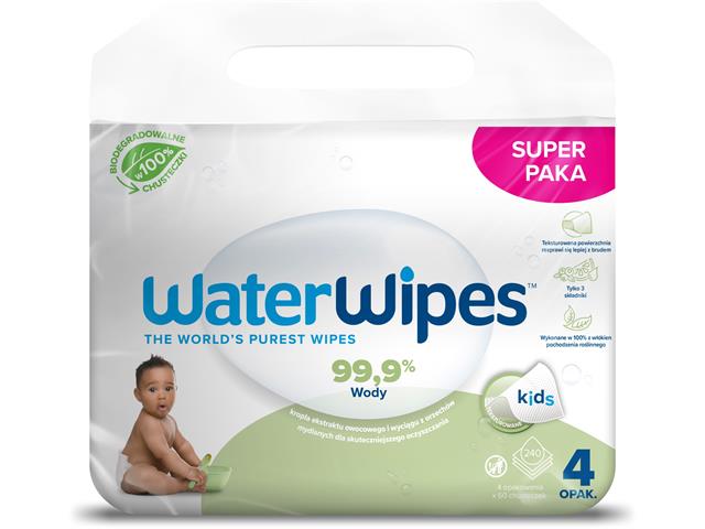 WaterWipes Chust. 99,9% Wody, kropla ekstraktu owocowego i wyciągu z orzechów mydlanych interakcje ulotka chusteczka  240 szt. | 4 op.x 60szt.