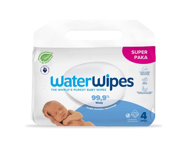 WaterWipes Chusteczki 99,9% wody, kropla ekstraktu owocowego interakcje ulotka chusteczka  240 szt. (4 op. po 60 szt.)