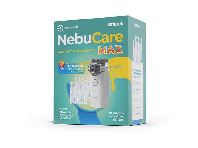 Zestaw do nebulizacji HelpMedi/Katarek NebuCare MAX nebulizator siateczkowy i 40x5 ml NaCl 0,09% interakcje ulotka urządzenie - 1 szt.